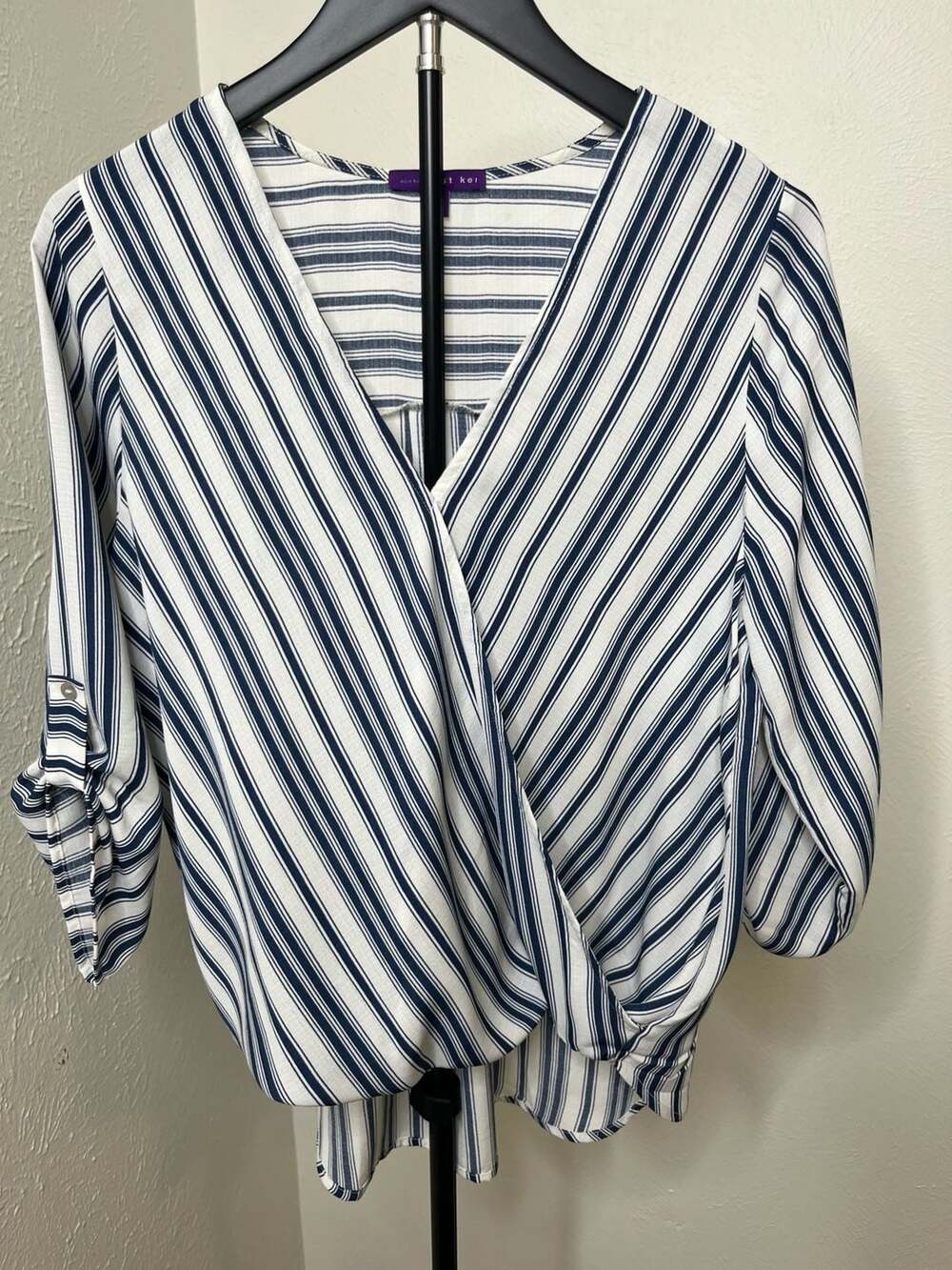Blue & White Striped Blouse Coastal Preppy Nautical Lightweight Casual Top